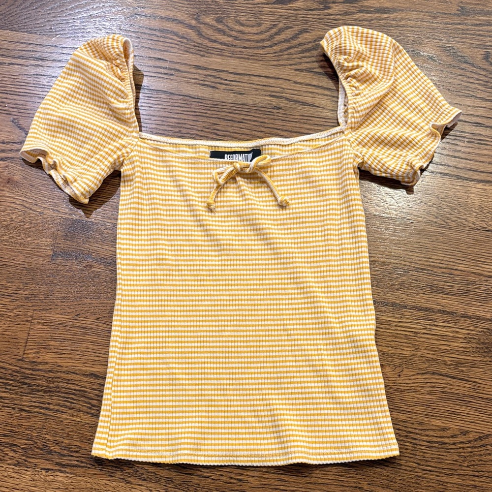 Reformation Yellow Gingham Puff-Sleeve Ribbed Top with bow, xS